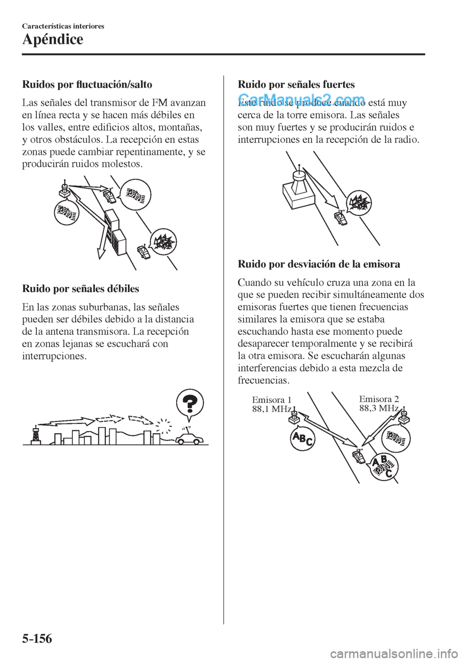 MAZDA MODEL 2 2017  Manual del propietario (in Spanish) 5–156
Características interiores
Apéndice
  Ruidos  por �À uctuación/salto
    Las señales del transmisor de FM avanzan 
en línea recta y se hacen más débiles en 
los valles, entre edi�¿ ci