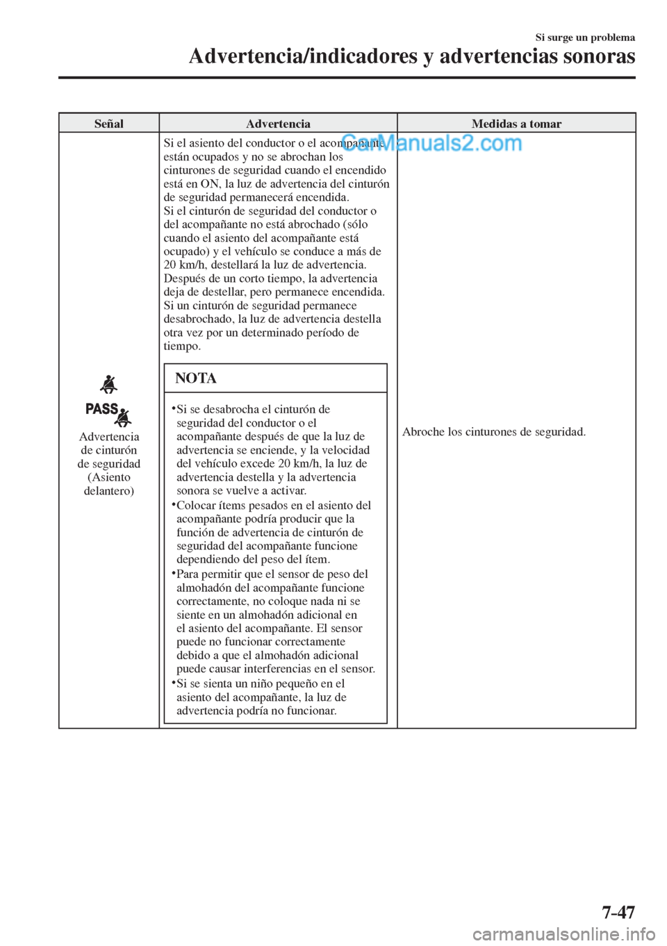 MAZDA MODEL 2 2017 Manual del propietario (in Spanish) 7–47
Si surge un problema
Advertencia/indicadores y advertencias sonoras
Señal Advertencia Medidas a tomar
Advertencia
de cinturón
de seguridad
(Asiento
delantero) Si el asient MAZDA MODEL 2 2017 Manual del propietario (in Spanish) 7–47
Si surge un problema
Advertencia/indicadores y advertencias sonoras
Señal Advertencia Medidas a tomar
Advertencia
de cinturón
de seguridad
(Asiento
delantero) Si el asient