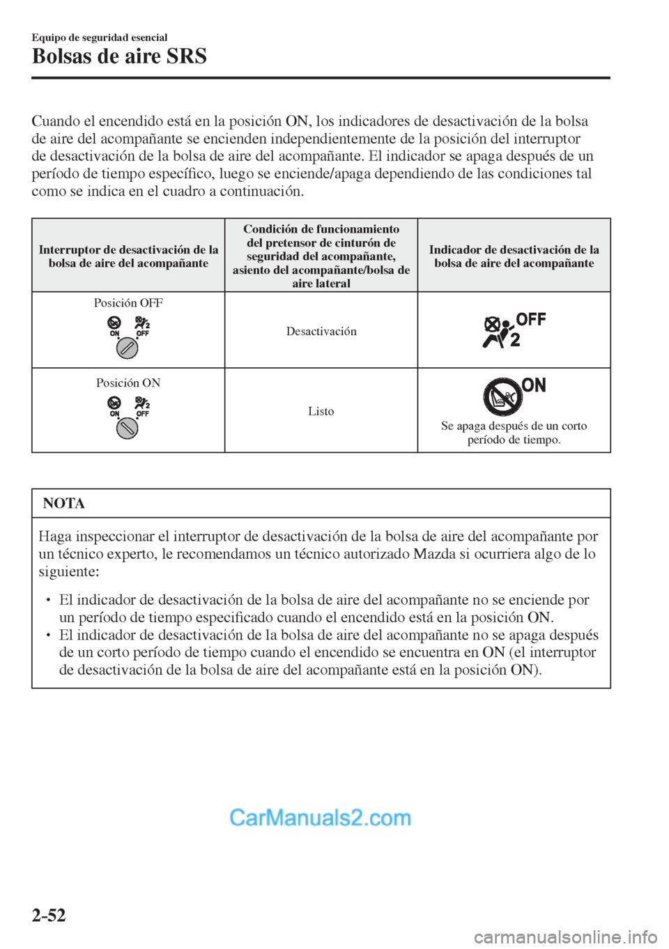 MAZDA MODEL 2 2017  Manual del propietario (in Spanish) 2–52
Equipo de seguridad esencial
Bolsas de aire SRS
  Cuando el encendido está en la posición ON, los indicadores de desactivación de la bolsa 
de aire del acompañante se encienden independient