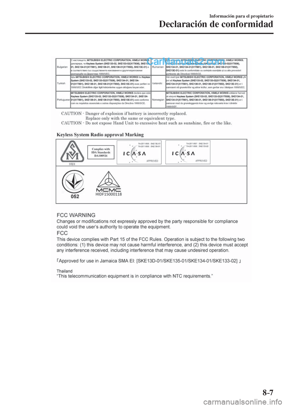 MAZDA MODEL 2 2017 Manual del propietario (in Spanish) 8–7
Información para el propietario
Declaración de conformidad
MAZDA MODEL 2 2017 Manual del propietario (in Spanish) 8–7
Información para el propietario
Declaración de conformidad