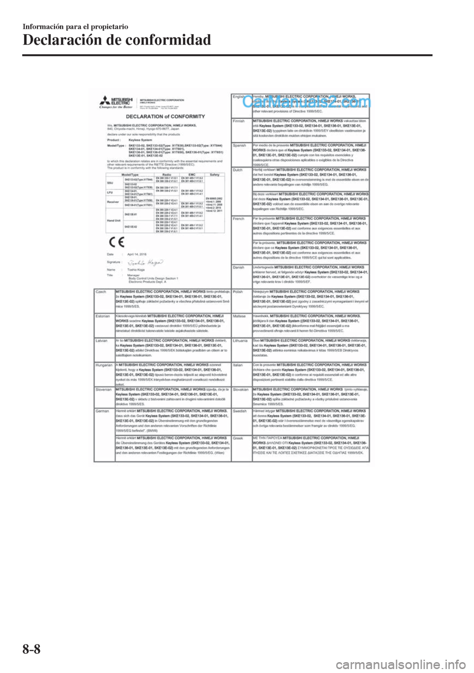 MAZDA MODEL 2 2017 Manual del propietario (in Spanish) 8–8
Información para el propietario
Declaración de conformidad
MAZDA MODEL 2 2017 Manual del propietario (in Spanish) 8–8
Información para el propietario
Declaración de conformidad
