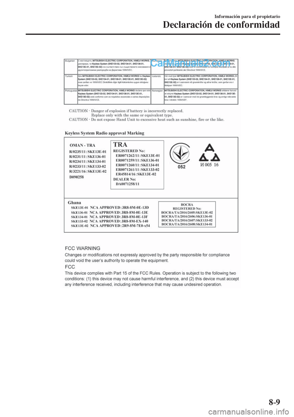 MAZDA MODEL 2 2017 Manual del propietario (in Spanish) 8–9
Información para el propietario
Declaración de conformidad
MAZDA MODEL 2 2017 Manual del propietario (in Spanish) 8–9
Información para el propietario
Declaración de conformidad