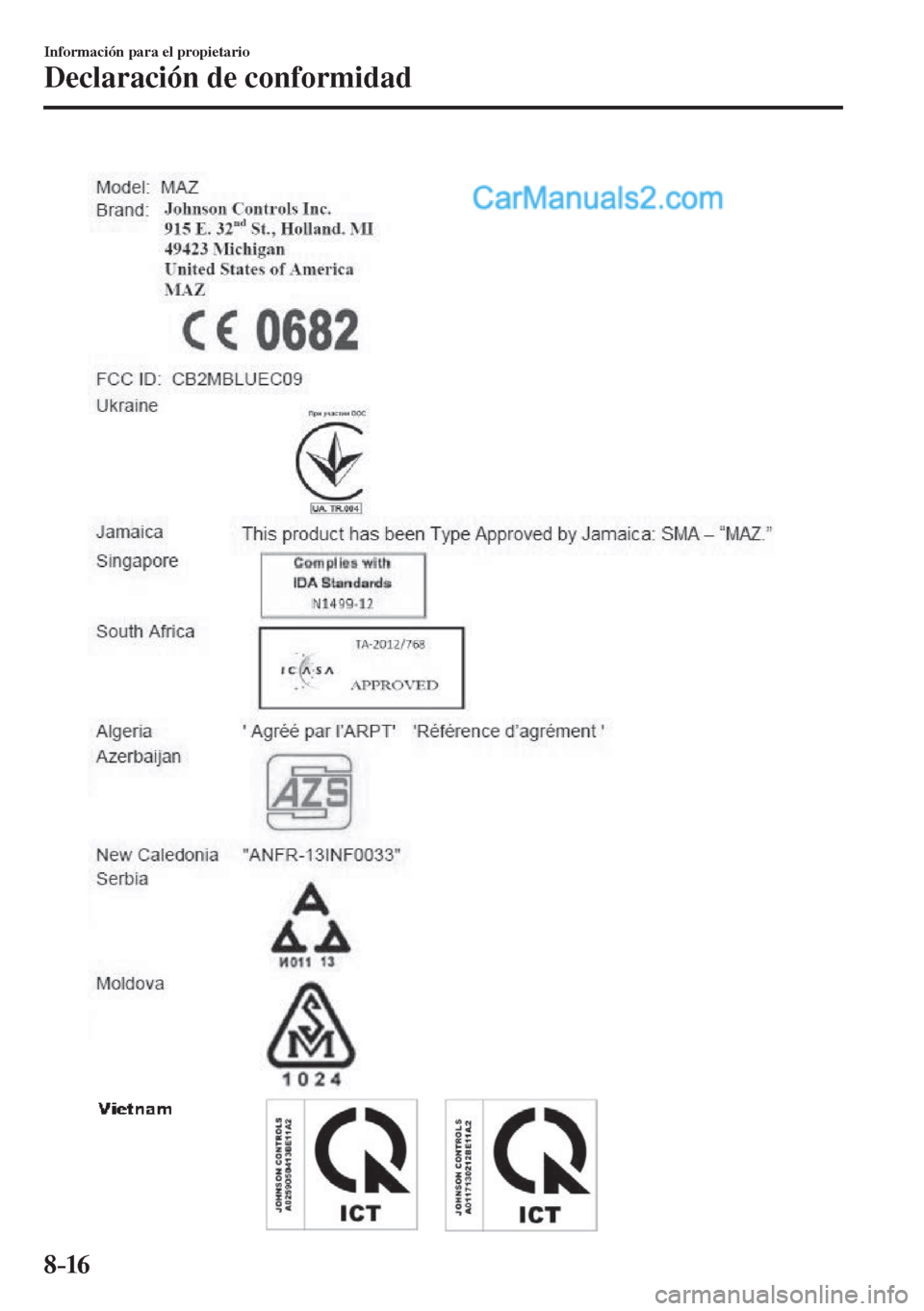 MAZDA MODEL 2 2017 Manual del propietario (in Spanish) 8–16
Información para el propietario
Declaración de conformidad
MAZDA MODEL 2 2017 Manual del propietario (in Spanish) 8–16
Información para el propietario
Declaración de conformidad