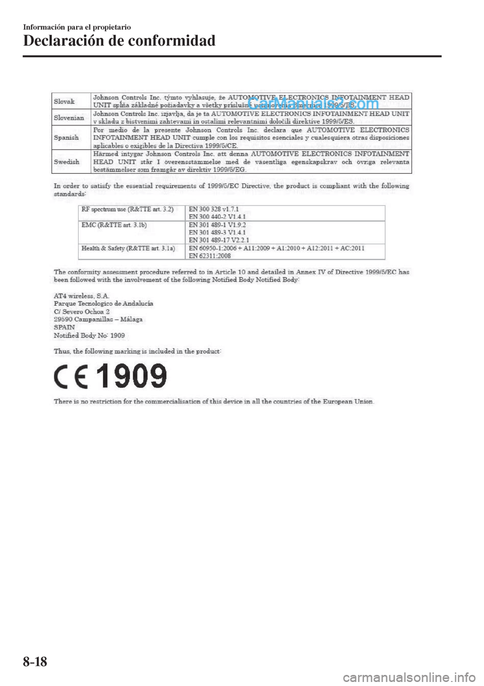 MAZDA MODEL 2 2017  Manual del propietario (in Spanish) 8–18
Información para el propietario
Declaración de conformidad
    