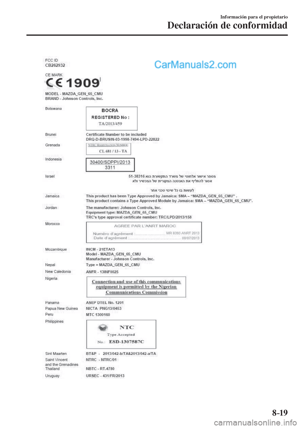 MAZDA MODEL 2 2017  Manual del propietario (in Spanish) 8–19
Información para el propietario
Declaración de conformidad
    