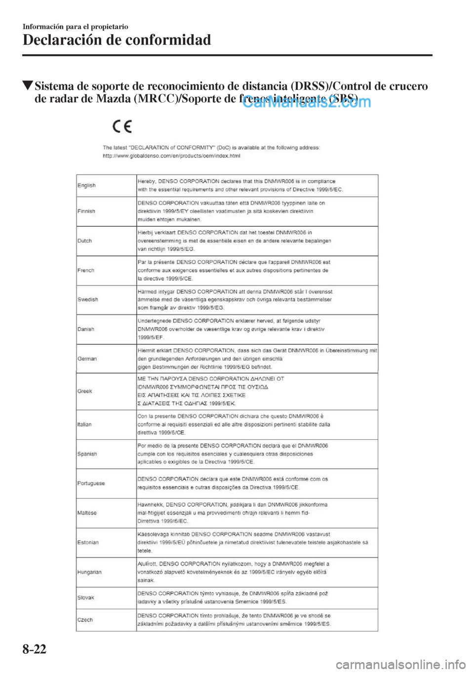 MAZDA MODEL 2 2017  Manual del propietario (in Spanish) 8–22
Información para el propietario
Declaración de conformidad
          Sistema de soporte de reconocimiento de distancia (DRSS)/Control de crucero 
de radar de Mazda (MRCC)/Soporte de frenos in