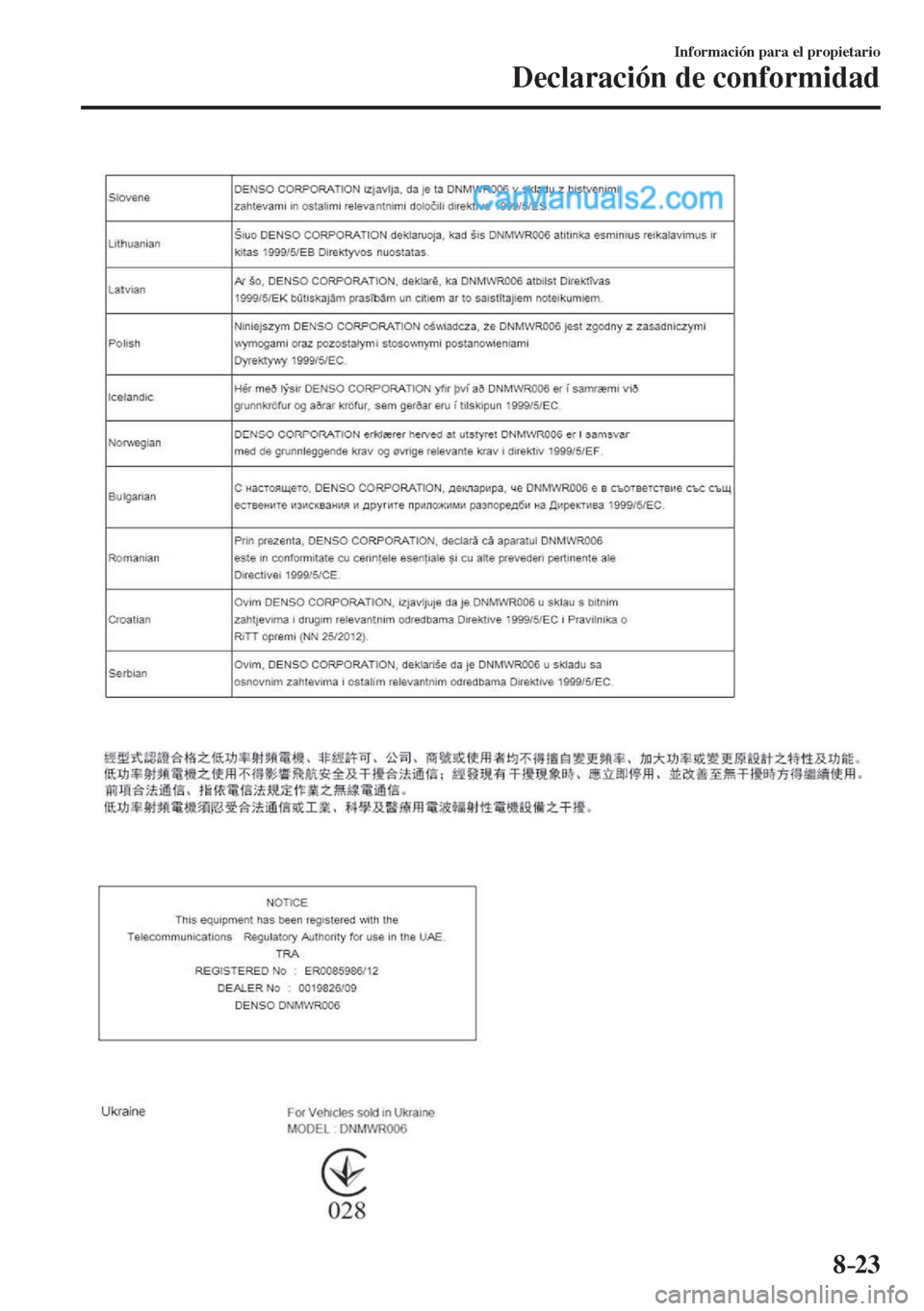 MAZDA MODEL 2 2017  Manual del propietario (in Spanish) 8–23
Información para el propietario
Declaración de conformidad
    