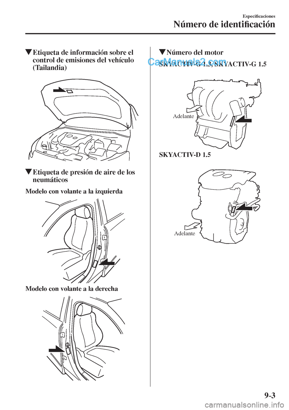 MAZDA MODEL 2 2017  Manual del propietario (in Spanish) 9–3
Especi�¿ caciones
Número de identi�¿ cación
          Etiqueta de información sobre el 
control de emisiones del vehículo 
(Tailandia)
    
          Etiqueta de presión de aire de los 
n