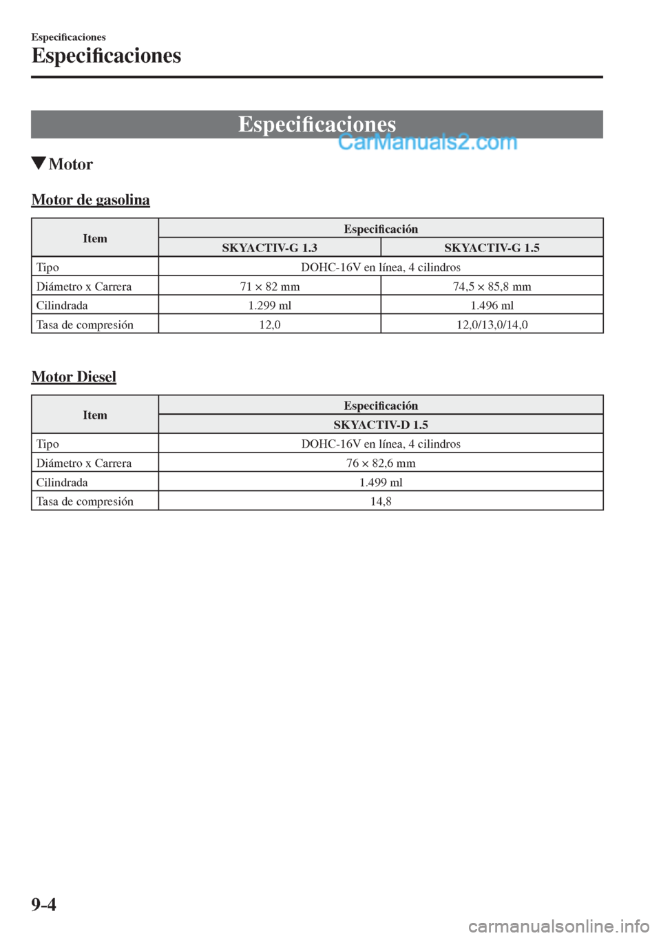 MAZDA MODEL 2 2017  Manual del propietario (in Spanish) 9–4
Especi�¿ caciones
Especi�¿ caciones
      E s p e c i�¿ caciones
               Motor
      Motor  de  gasolina
 Item  Especi�¿ cación 
 SKYACTIV-G  1.3   SKYACTIV-G  1.5 
 Tipo   DOHC-16V 