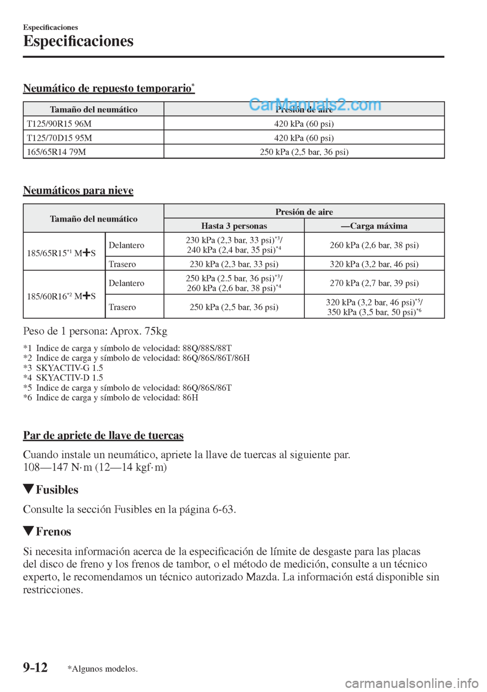 MAZDA MODEL 2 2017  Manual del propietario (in Spanish) 9–12
Especi�¿ caciones
Especi�¿ caciones
*Algunos modelos.
    Neumático  de  repuesto  temporario * 
 Tamaño del neumático   Presión de aire 
 T125/90R15 96M   420 kPa (60 psi) 
 T125/70D15 9