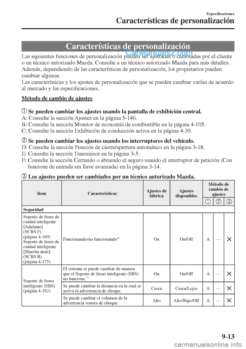 MAZDA MODEL 2 2017  Manual del propietario (in Spanish) 9–13
Especi�¿ caciones
Características de personalización
      Características  de  personalización
              Las  siguientes  funciones  de  personalización  pueden  ser  ajustadas  o  c