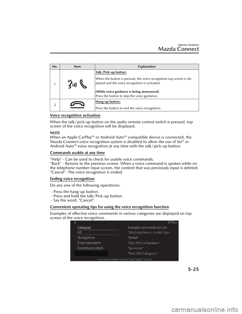 MAZDA MODEL CX-50 2023 Owners Manual No.Item Explanation
1
Ta l k / P i c k - u p b u t t o n :
When the button is pressed, the voice recognition top screen is dis-
played and the voice recognition is activated.
(While voice guidance MAZDA MODEL CX-50 2023 Owners Manual No.Item Explanation
1
Ta l k / P i c k - u p b u t t o n :
When the button is pressed, the voice recognition top screen is dis-
played and the voice recognition is activated.
(While voice guidance