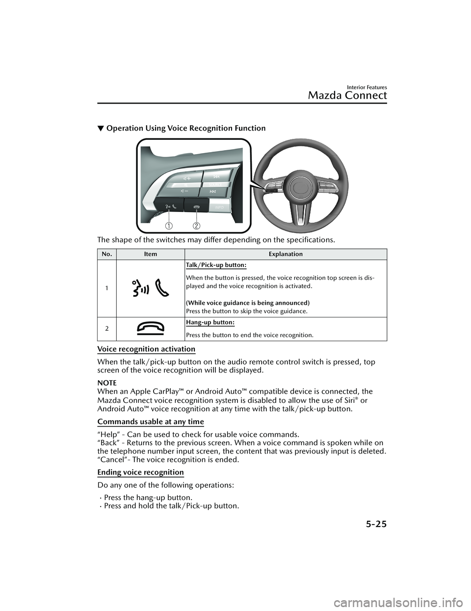 MAZDA MODEL 3 SEDAN 2022 Owners Manual ▼Operation Using Voice Recognition Function
The shape of the switches may differ depending on the specifications.
No.
Item Explanation
1
Ta l k / P i c k - u p b u t t o n :
When the button is pre MAZDA MODEL 3 SEDAN 2022 Owners Manual ▼Operation Using Voice Recognition Function
The shape of the switches may differ depending on the specifications.
No.
Item Explanation
1
Ta l k / P i c k - u p b u t t o n :
When the button is pre
