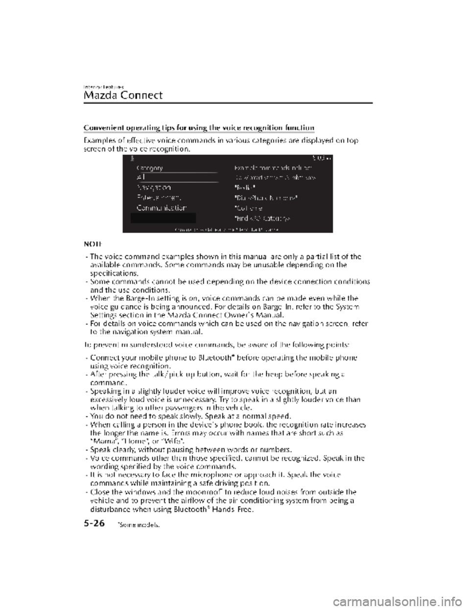 MAZDA MODEL CX-30 2022 Owners Manual Convenient operating tips for using the voice recognition function
Examples of effective voice commands in various categories are displayed on top
screen of the voice recognition.
NOTE
The voice co MAZDA MODEL CX-30 2022 Owners Manual Convenient operating tips for using the voice recognition function
Examples of effective voice commands in various categories are displayed on top
screen of the voice recognition.
NOTE
The voice co