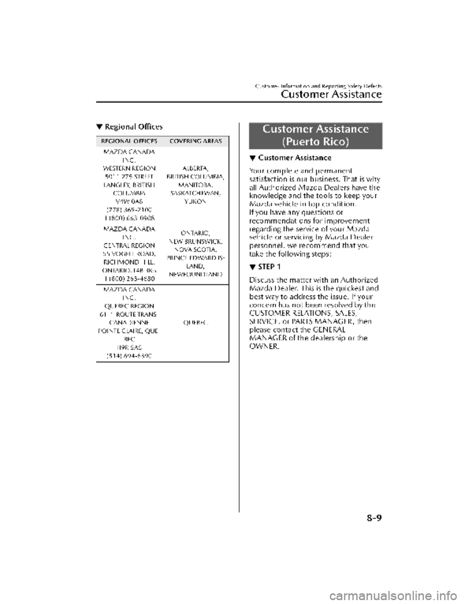 MAZDA MODEL CX-30 2022 Owners Guide ▼Regional Offices
REGIONAL OFFICES COVERING AREAS
MAZDA CANADA INC.
WESTERN REGION
5011 275 STREET
LANGLEY, BRITISH COLUMBIAV4W 0A8
(778) 369-2100
1 (800) 663-0908 ALBERTA,
BRITISH COLUMBIA, MANITOB MAZDA MODEL CX-30 2022 Owners Guide ▼Regional Offices
REGIONAL OFFICES COVERING AREAS
MAZDA CANADA INC.
WESTERN REGION
5011 275 STREET
LANGLEY, BRITISH COLUMBIAV4W 0A8
(778) 369-2100
1 (800) 663-0908 ALBERTA,
BRITISH COLUMBIA, MANITOB