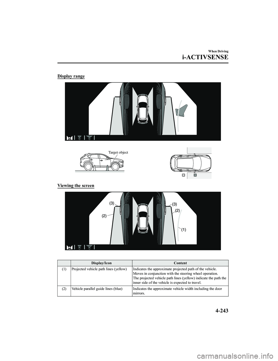 MAZDA MODEL CX-5 2022  Owners Manual Display range
Target object
Viewing the screen
 
Display/IconContent
(1) Projected vehicle path lines (yellow) Indicates the approximate projected path of the vehicle. Moves in conjunction with the st