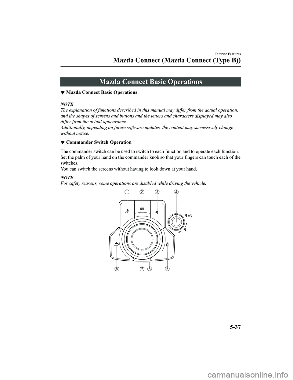MAZDA MODEL CX-5 2022 User Guide Mazda Connect Basic Operations
▼Mazda Connect Basic Operations
NOTE
The explanation of functions described in this
manual may differ from the actual operation,
and the shapes of screens and buttons MAZDA MODEL CX-5 2022 User Guide Mazda Connect Basic Operations
▼Mazda Connect Basic Operations
NOTE
The explanation of functions described in this
manual may differ from the actual operation,
and the shapes of screens and buttons