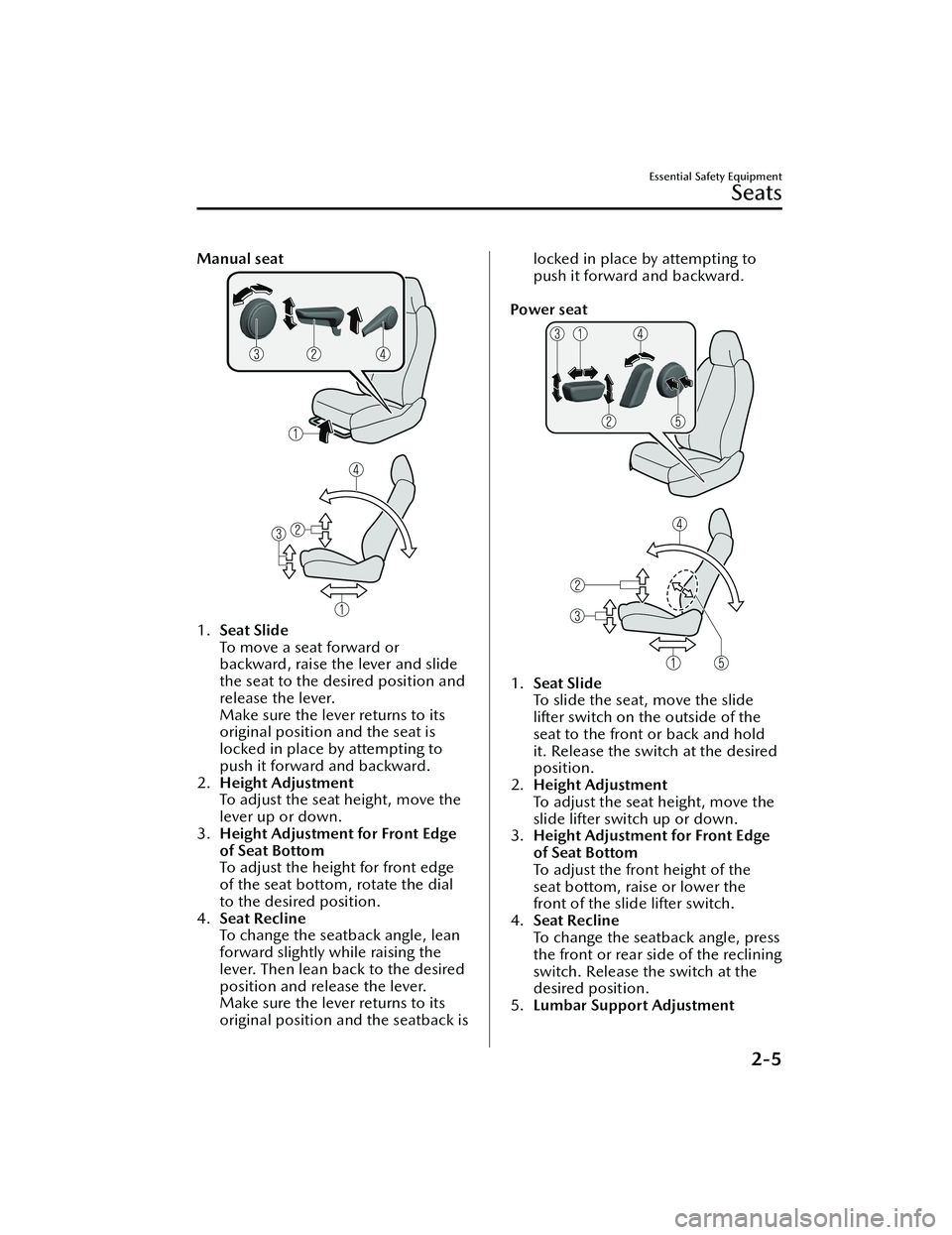 MAZDA MODEL MX-30 EV 2022  Owners Manual Manual seat
1.Seat Slide
To move a seat forward or
backward, raise the lever and slide
the seat to the desired position and
release the lever.
Make sure the lever returns to its
original position and 