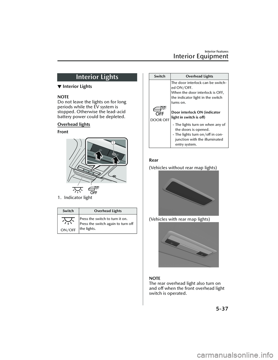 MAZDA MODEL MX-30 EV 2022 Owners Manual Interior Lights
▼Interior Lights
NOTE
Do not leave the lights on for long
periods while the EV system is
stopped. Otherwise the lead-acid
battery power could be depleted.
Overhead lights
Front
1. In MAZDA MODEL MX-30 EV 2022 Owners Manual Interior Lights
▼Interior Lights
NOTE
Do not leave the lights on for long
periods while the EV system is
stopped. Otherwise the lead-acid
battery power could be depleted.
Overhead lights
Front
1. In