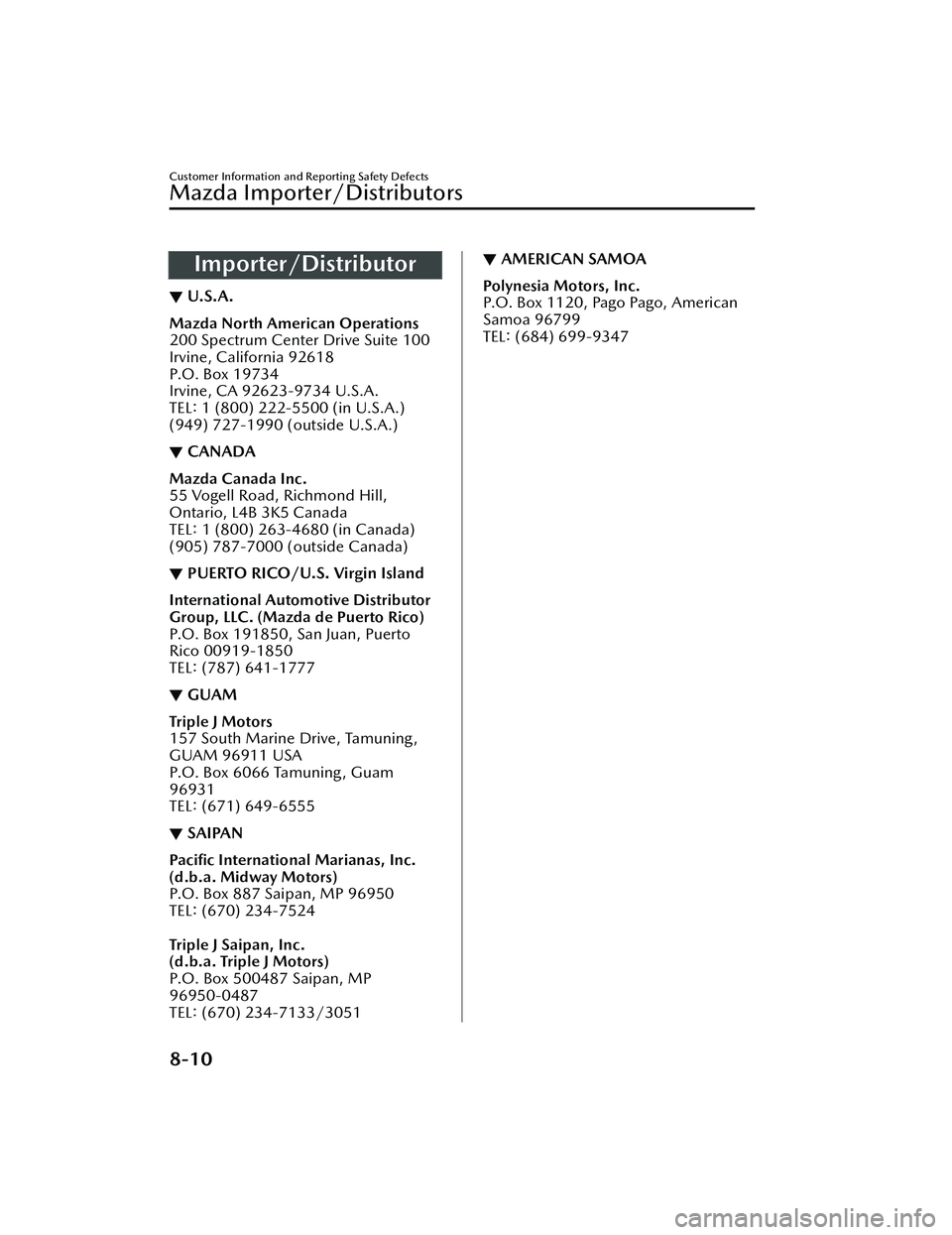 MAZDA MODEL MX-30 EV 2022  Owners Manual Importer/Distributor
▼U.S.A.
Mazda North American Operations
200 Spectrum Center Drive Suite 100
Irvine, California 92618
P.O. Box 19734
Irvine, CA 92623-9734 U.S.A.
TEL
: 1 (800) 222-5500 (in U.S.A