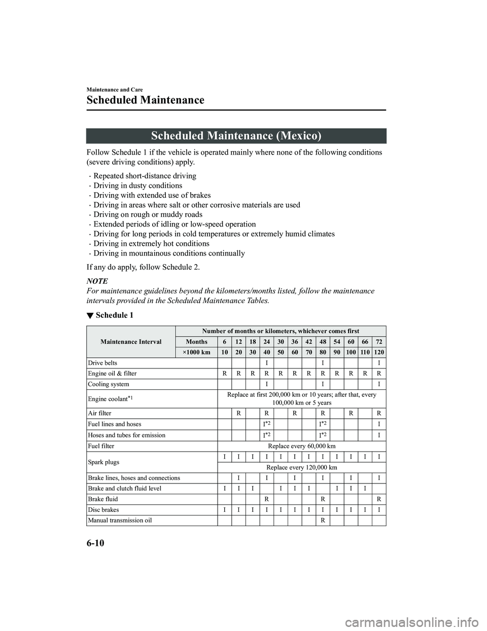 MAZDA MODEL MX-5 MIATA 2022  Owners Manual Scheduled Maintenance (Mexico)
Follow Schedule 1 if the vehicle is operated mainly where none of the following conditions
(severe driving conditions) apply.
Repeated short-distance driving
Drivi