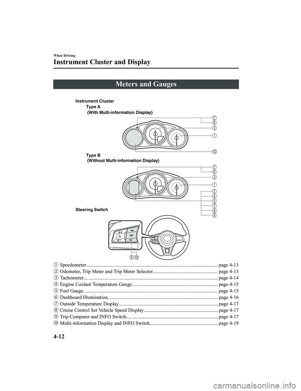 MAZDA MODEL MX-5 MIATA RF 2022  Owners Manual Meters and Gauges
 
Type A
Type B 
Steering Switch  (With Multi-information Display)
 (Without Multi-information Display)
Instrument Cluster
ƒ
Speedometer............................................