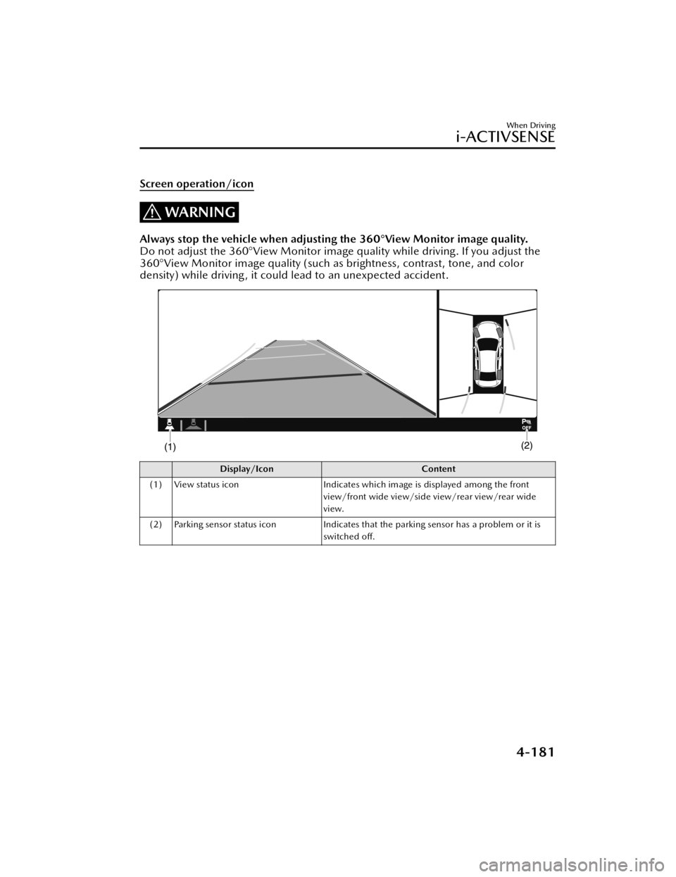 MAZDA MODEL 3 HATCHBACK 2021 Repair Manual Screen operation/icon
WARNING
Always stop the vehicle when adjusting the 360°View Monitor image quality.
Do not adjust the 360°View Monitor image quality while driving. If you adjust the
360°View M MAZDA MODEL 3 HATCHBACK 2021 Repair Manual Screen operation/icon
WARNING
Always stop the vehicle when adjusting the 360°View Monitor image quality.
Do not adjust the 360°View Monitor image quality while driving. If you adjust the
360°View M