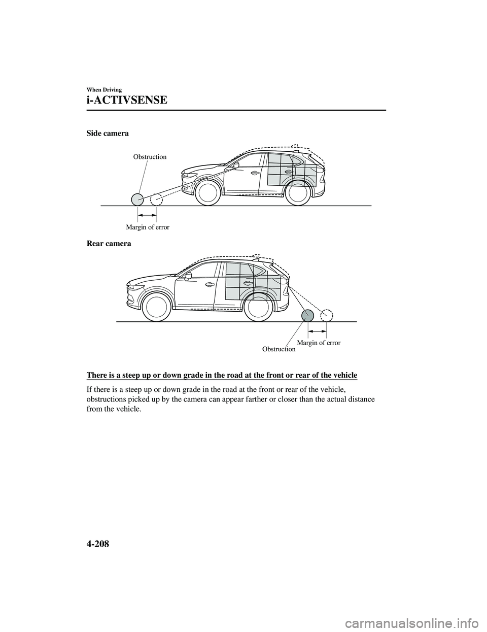 MAZDA MODEL CX-5 2021  Owners Manual Side camera
Obstruction
Margin of error
Rear camera
Obstruction Margin of error
 
There is a steep up or down grade in the road at the front or rear of the vehicle
If there is a steep up or down grade