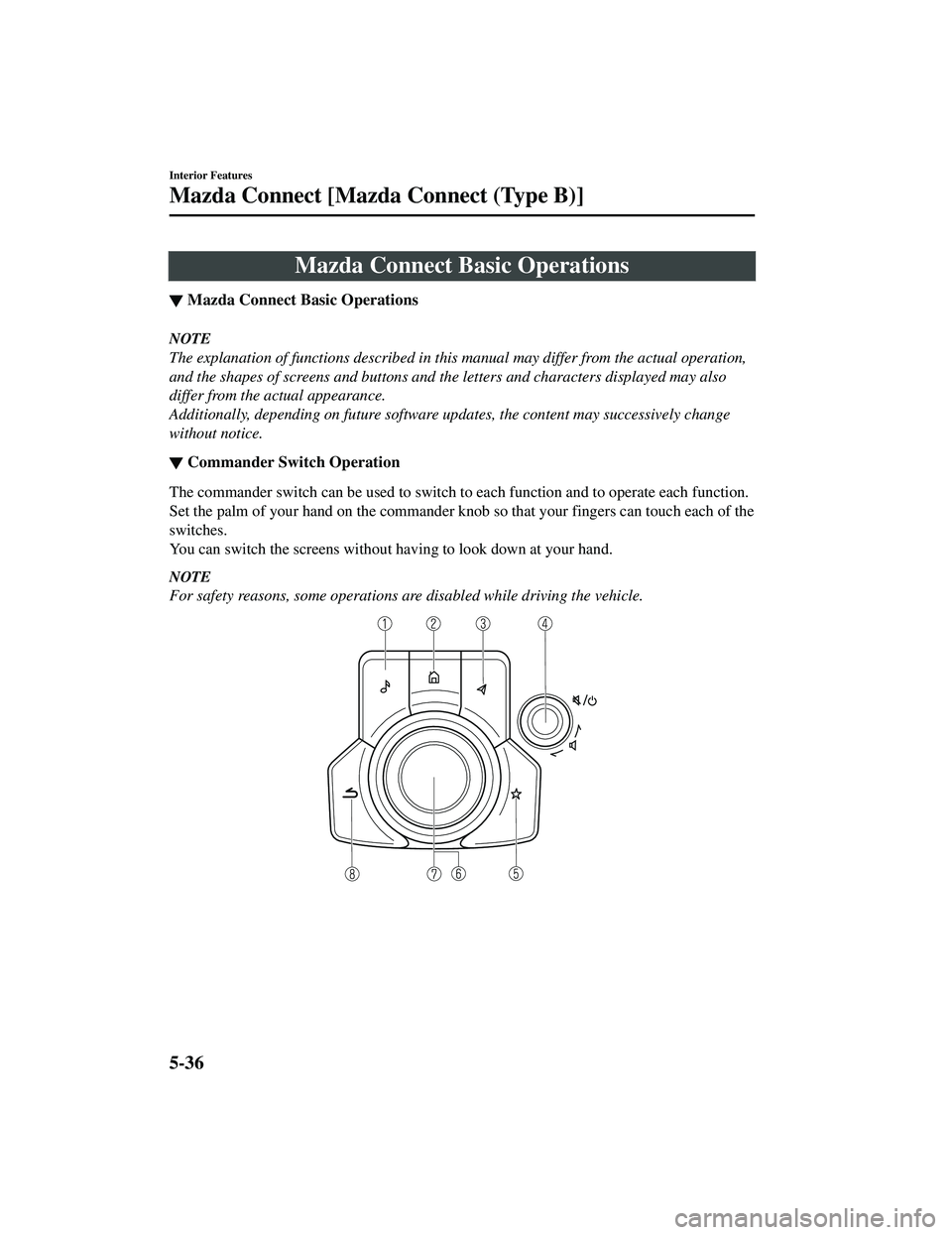 MAZDA MODEL CX-9 2021 Owners Manual Mazda Connect Basic Operations
▼Mazda Connect Basic Operations
NOTE
The explanation of functions described in this
manual may differ from the actual operation,
and the shapes of screens and buttons MAZDA MODEL CX-9 2021 Owners Manual Mazda Connect Basic Operations
▼Mazda Connect Basic Operations
NOTE
The explanation of functions described in this
manual may differ from the actual operation,
and the shapes of screens and buttons