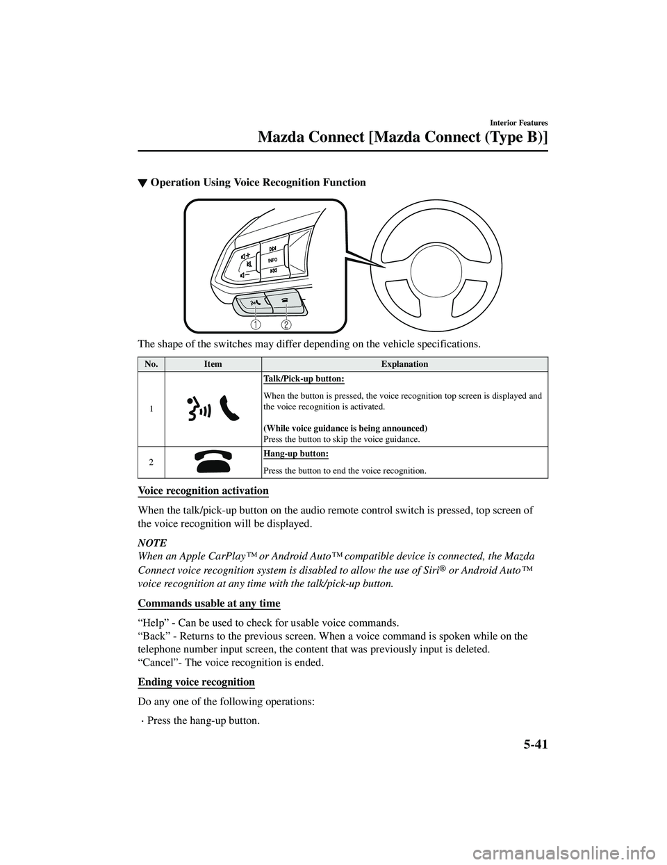 MAZDA MODEL CX-9 2021 Owners Manual ▼Operation Using Voice Recognition Function
The shape of the switches may differ depending on the vehicle specifications.
No.
Item Explanation
1
Talk/Pick-up button:
When the button is presse d, the MAZDA MODEL CX-9 2021 Owners Manual ▼Operation Using Voice Recognition Function
The shape of the switches may differ depending on the vehicle specifications.
No.
Item Explanation
1
Talk/Pick-up button:
When the button is presse d, the
