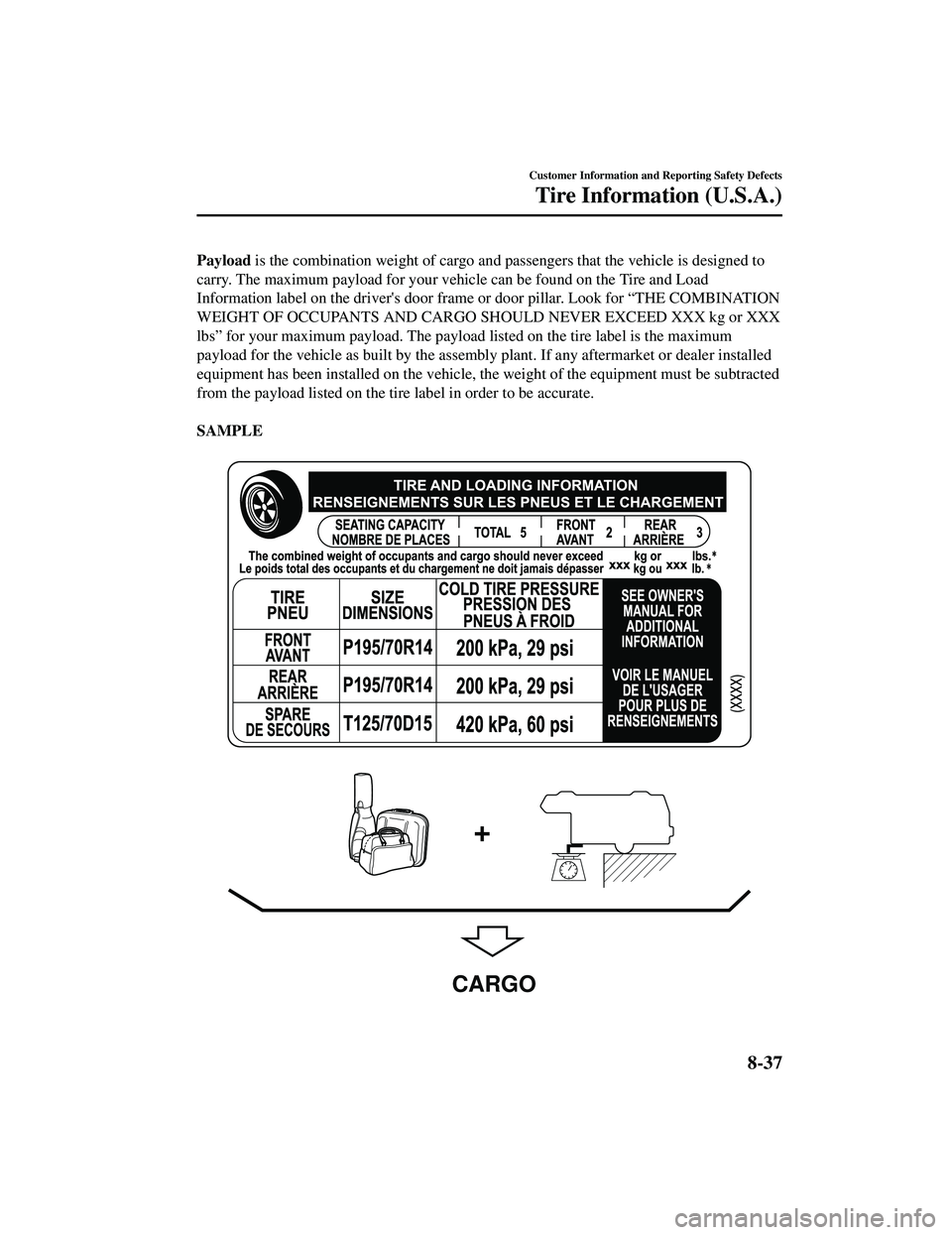 MAZDA MODEL CX-9 2021 Owners Manual Payload is the combination weight of cargo and pa ssengers that the vehicle is designed to
carry. The maximum payload for your vehicl e can be found on the Tire and Load
Information label on the drive MAZDA MODEL CX-9 2021 Owners Manual Payload is the combination weight of cargo and pa ssengers that the vehicle is designed to
carry. The maximum payload for your vehicl e can be found on the Tire and Load
Information label on the drive