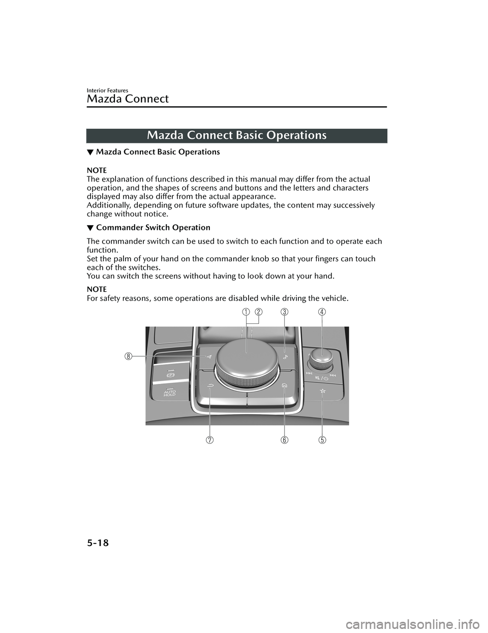 MAZDA MODEL CX-30 2021 Owners Manual Mazda Connect Basic Operations
▼Mazda Connect Basic Operations
NOTE
The explanation of functions described in this manual may differ from the actual
operation, and the shapes of screens and buttons MAZDA MODEL CX-30 2021 Owners Manual Mazda Connect Basic Operations
▼Mazda Connect Basic Operations
NOTE
The explanation of functions described in this manual may differ from the actual
operation, and the shapes of screens and buttons