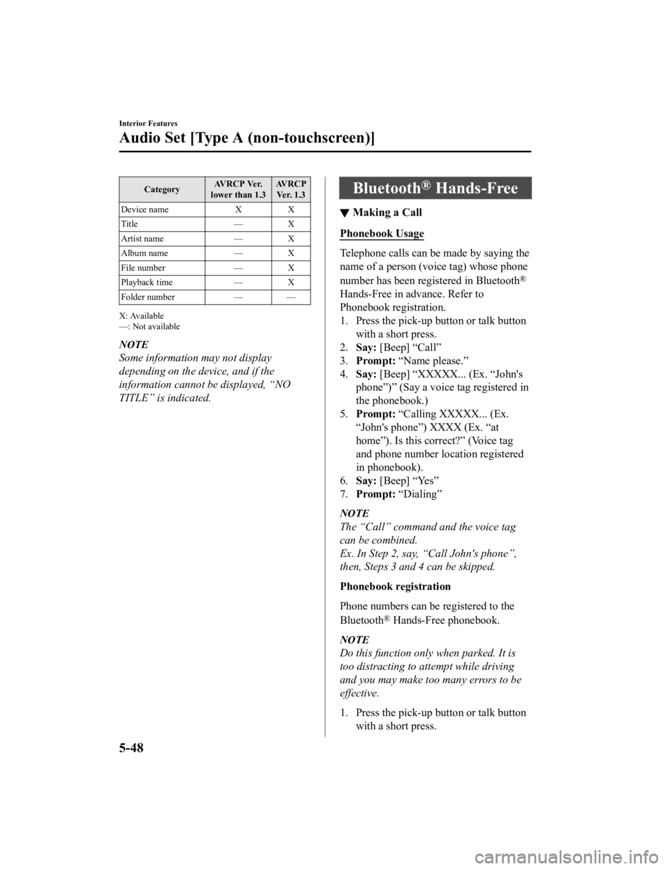 MAZDA MODEL CX-3 2021 Owners Manual CategoryAV R C P Ve r.
lower than 1.3 AVRCP
Ve r. 1 . 3
Device name XX
Title — X
Artist name — X
Album name — X
File number — X
Playback time — X
Folder number — —
X: Available
—: No MAZDA MODEL CX-3 2021 Owners Manual CategoryAV R C P Ve r.
lower than 1.3 AVRCP
Ve r. 1 . 3
Device name XX
Title — X
Artist name — X
Album name — X
File number — X
Playback time — X
Folder number — —
X: Available
—: No