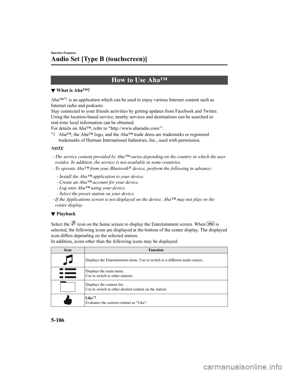 MAZDA MODEL CX-3 2021 Owners Manual How to Use Aha™
▼What is Aha™?
Aha™*1 is an application which can be used to enjoy various Internet content such as
Internet radio and podcasts.
Stay connected to your friends activities by ge MAZDA MODEL CX-3 2021 Owners Manual How to Use Aha™
▼What is Aha™?
Aha™*1 is an application which can be used to enjoy various Internet content such as
Internet radio and podcasts.
Stay connected to your friends activities by ge