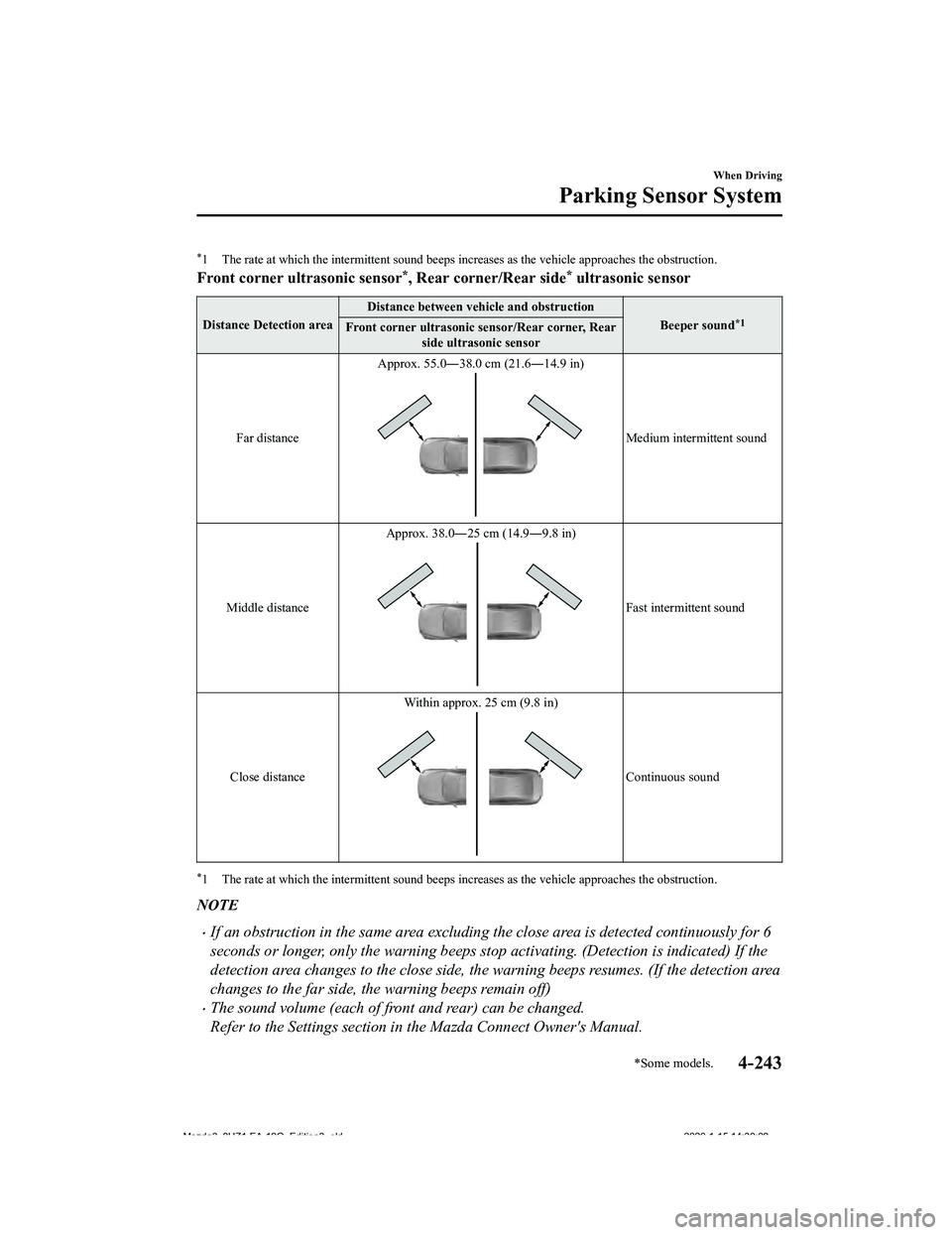 MAZDA MODEL 3-SEDAN 2020  Owners Manual *1 The rate at which the intermittent sound beeps increases as the vehicle approaches the obstruction.
Front corner ultr asonic sensor*, Rear corner/Rear side* ultrasonic sensor
Distance Detection are