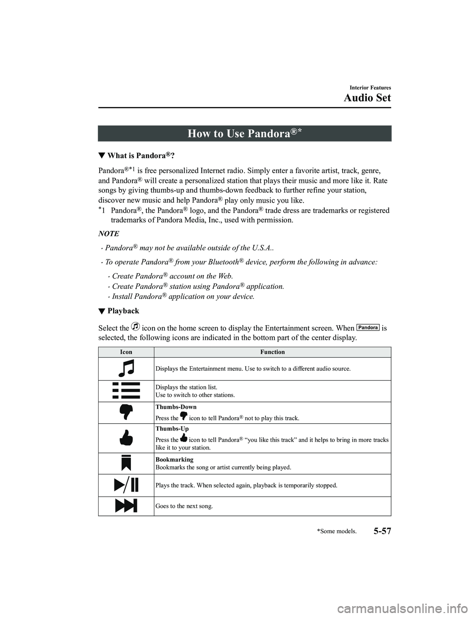 MAZDA MODEL MX-5 MIATA 2020 User Guide How to Use Pandora®*
▼What is Pandora®?
Pandora®*1 is free personalized Internet radio. Simply enter a favorite a
rtist, track, genre,
and Pandora
® will create a personalized stati on that play MAZDA MODEL MX-5 MIATA 2020 User Guide How to Use Pandora®*
▼What is Pandora®?
Pandora®*1 is free personalized Internet radio. Simply enter a favorite a
rtist, track, genre,
and Pandora
® will create a personalized stati on that play