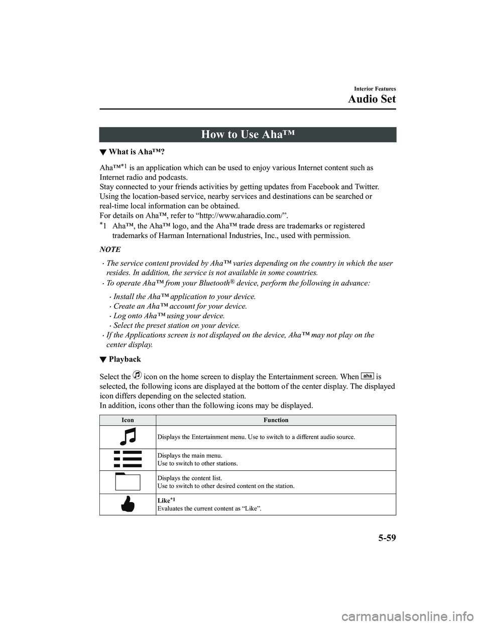MAZDA MODEL MX-5 MIATA 2020 User Guide How to Use Aha™
▼What is Aha™?
Aha™*1 is an application which can be used to enjoy various Internet
content such as
Internet radio and podcasts.
Stay connected to your friends act ivities by MAZDA MODEL MX-5 MIATA 2020 User Guide How to Use Aha™
▼What is Aha™?
Aha™*1 is an application which can be used to enjoy various Internet
content such as
Internet radio and podcasts.
Stay connected to your friends act ivities by