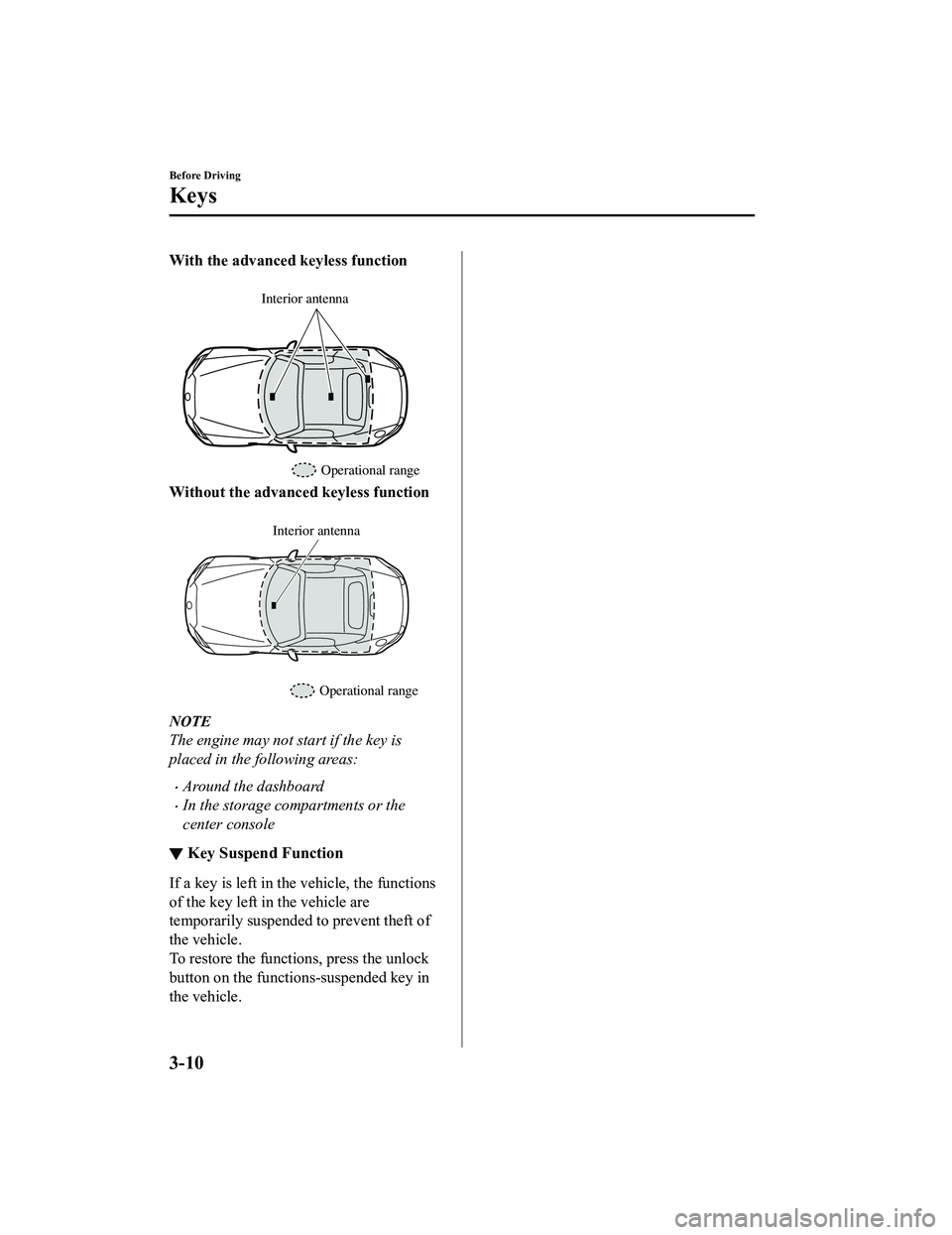 MAZDA MODEL MX-5 MIATA 2020  Owners Manual With the advanced keyless function
 
Interior antennaOperational range
Without the advanced keyless function
 
Operational range
Interior antenna
NOTE
The engine may not start if the key is
placed in 