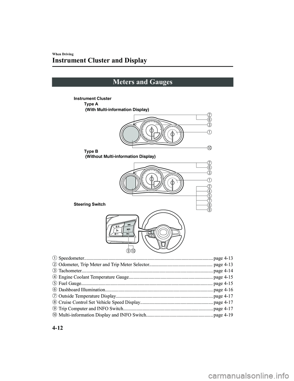 MAZDA MODEL MX-5 MIATA RF 2020  Owners Manual Meters and Gauges
 
Type A
Type B 
Steering Switch  (With Multi-information Display)
 (Without Multi-information Display)
Instrument Cluster
ƒ
Speedometer............................................