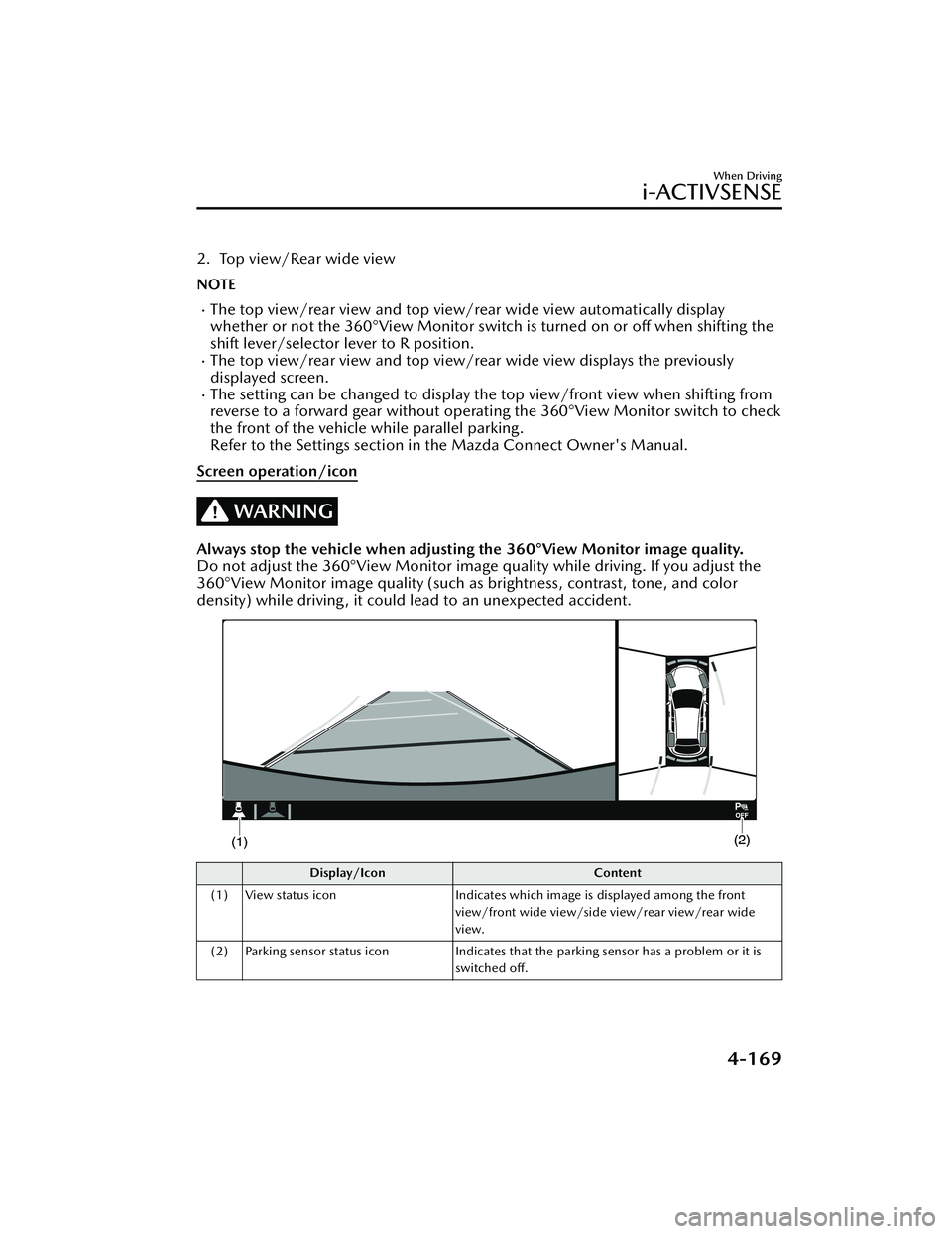 MAZDA MODEL CX-30 2020 Owners Manual 2. Top view/Rear wide view
NOTE
The top view/rear view and top view/rear wide view automatically display
whether or not the 360°View Monitor switch is turned on or off when shifting the
shift leve MAZDA MODEL CX-30 2020 Owners Manual 2. Top view/Rear wide view
NOTE
The top view/rear view and top view/rear wide view automatically display
whether or not the 360°View Monitor switch is turned on or off when shifting the
shift leve