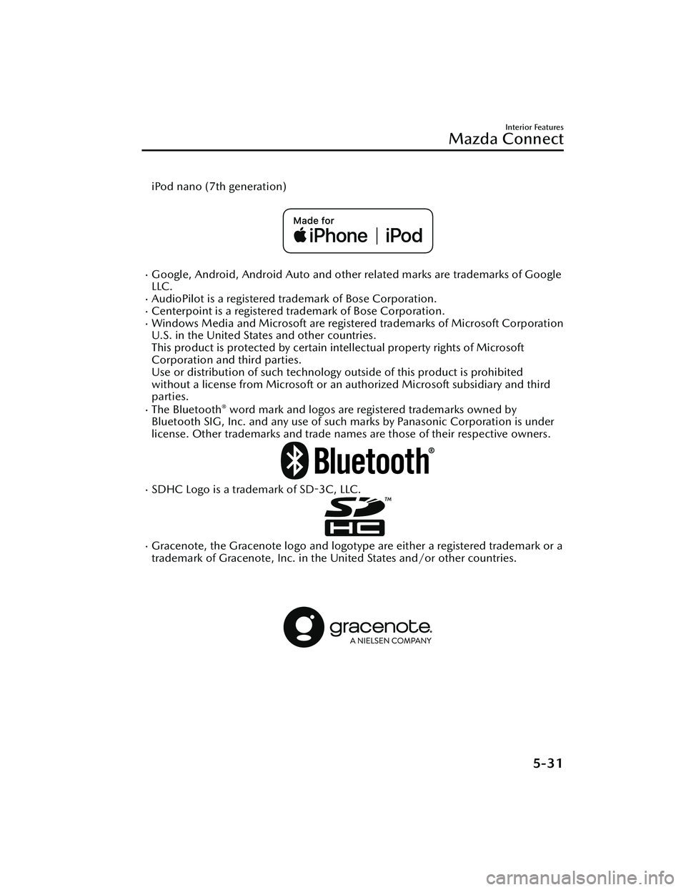 MAZDA MODEL CX-30 2020 Owners Manual iPod nano (7th generation)
Google, Android, Android Auto and other related marks are trademarks of Google
LLC.
AudioPilot is a registered trademark of Bose Corporation.Centerpoint is a regist MAZDA MODEL CX-30 2020 Owners Manual iPod nano (7th generation)
Google, Android, Android Auto and other related marks are trademarks of Google
LLC.
AudioPilot is a registered trademark of Bose Corporation.Centerpoint is a regist