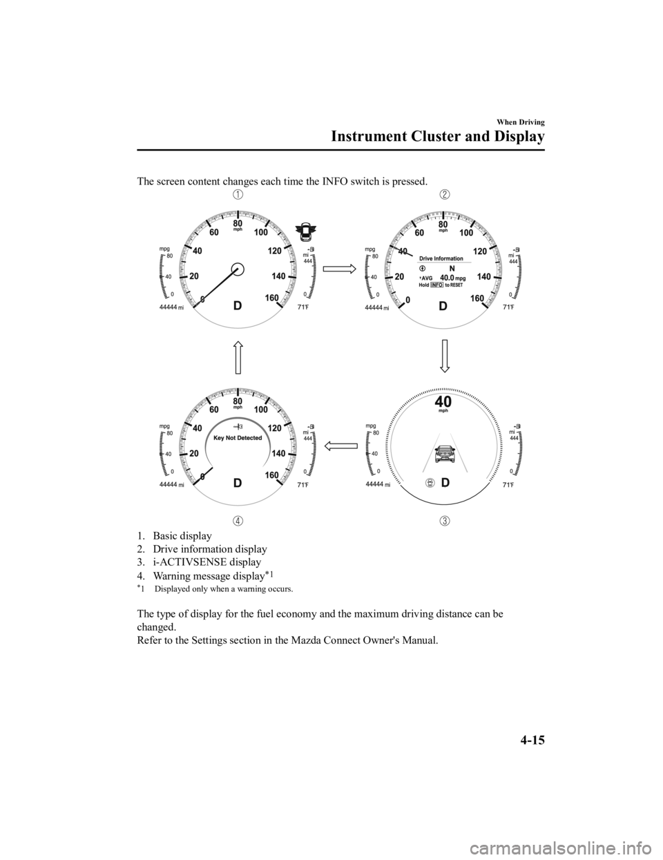MAZDA MODEL 3 SEDAN 2019 User Guide The screen content changes each time the INFO switch is pressed.
1. Basic display
2. Drive information display
3. i-ACTIVSENSE display
4. Warning message display
*1
*1 Displayed only when a warning oc