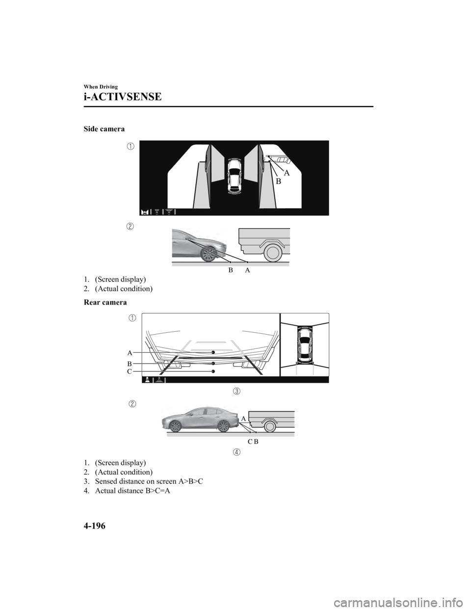 MAZDA MODEL 3 SEDAN 2019  Owners Manual Side camera
1. (Screen display)
2. (Actual condition)
Rear camera
1. (Screen display)
2. (Actual condition)
3. Sensed distance on screen A>B>C
4. Actual distance B>C=A
When Driving
i-ACTIVSENSE
4-196
