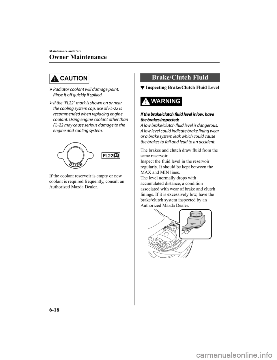 MAZDA MODEL 3 SEDAN 2019  Owners Manual CAUTION
Radiator coolant will damage paint.
Rinse it off quickly if spilled.
 If the “FL22” mark is shown on or near
the cooling system cap, use of FL-22 is
recommended when replacing engine