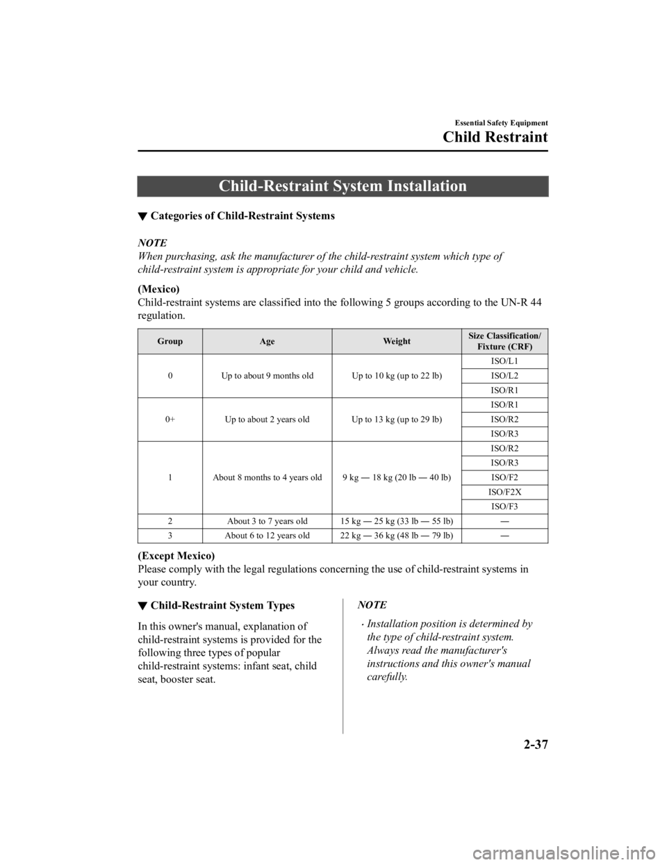 MAZDA MODEL 3 SEDAN 2019 User Guide Child-Restraint System Installation
▼Categories of Child-Restraint Systems
NOTE
When purchasing, ask the manufacturer of the child-restraint system which type of
child-restraint system is appropriat