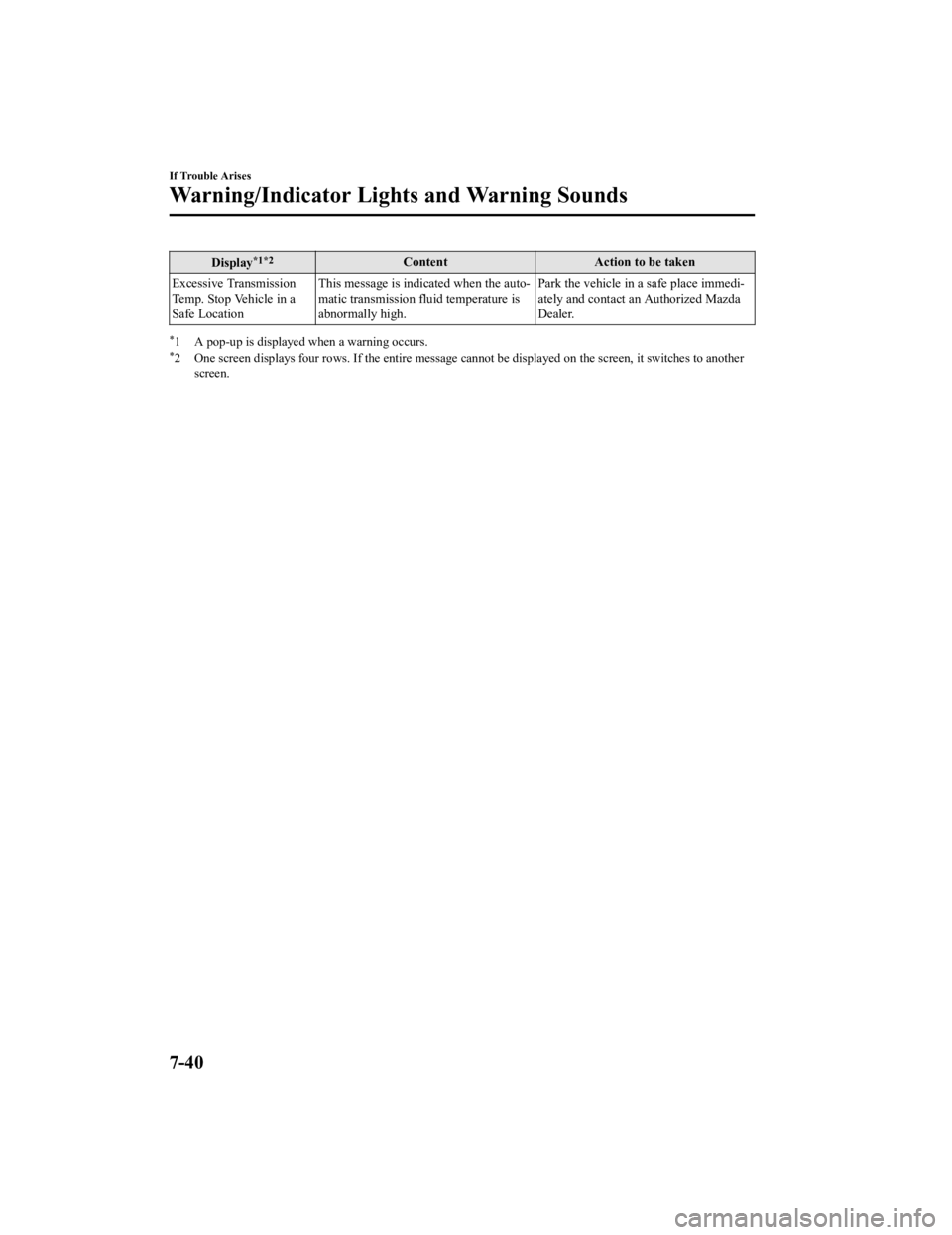 MAZDA MODEL 3 SEDAN 2019 Owners Manual Display*1*2ContentAction to be taken
Excessive Transmission
Temp. Stop Vehicle in a
Safe Location This message is indi
cated when the auto‐
matic transmission fluid temperature is
abnormally high. P MAZDA MODEL 3 SEDAN 2019 Owners Manual Display*1*2ContentAction to be taken
Excessive Transmission
Temp. Stop Vehicle in a
Safe Location This message is indi
cated when the auto‐
matic transmission fluid temperature is
abnormally high. P