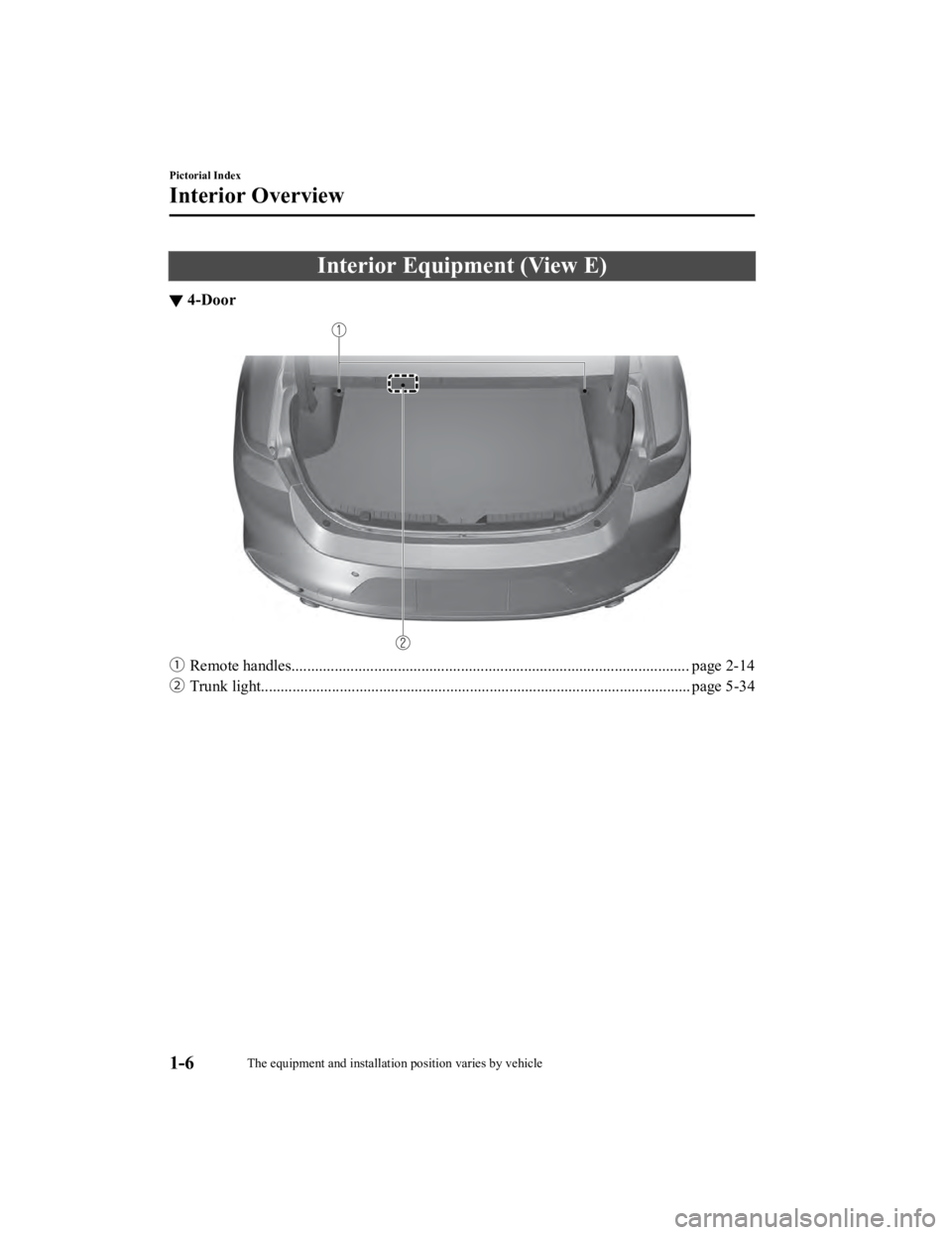 MAZDA MODEL 3 SEDAN 2019  Owners Manual Interior Equipment (View E)
▼4-Door
ƒ
Remote handles................................................. .................................................... page 2-14
„ Trunk light...............