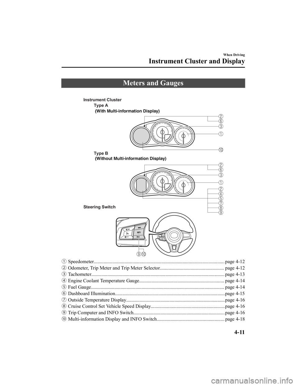 MAZDA MODEL MX-5 MIATA 2019  Owners Manual Meters and Gauges
 
Type A
Type B 
Steering Switch  (With Multi-information Display)
 (Without Multi-information Display)
Instrument Cluster
ƒ
Speedometer............................................