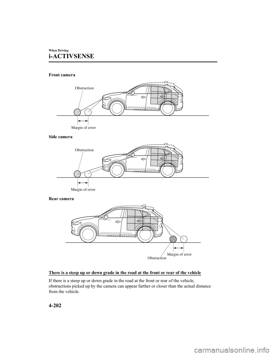 MAZDA MODEL CX-5 SKYACTIV-D 2019 Owners Manual Front camera
Obstruction
Margin of error
Side camera
Obstruction
Margin of error
Rear camera
Obstruction Margin of error
There is a steep up or down grade in the road at the front or rear of the veh MAZDA MODEL CX-5 SKYACTIV-D 2019 Owners Manual Front camera
Obstruction
Margin of error
Side camera
Obstruction
Margin of error
Rear camera
Obstruction Margin of error
There is a steep up or down grade in the road at the front or rear of the veh