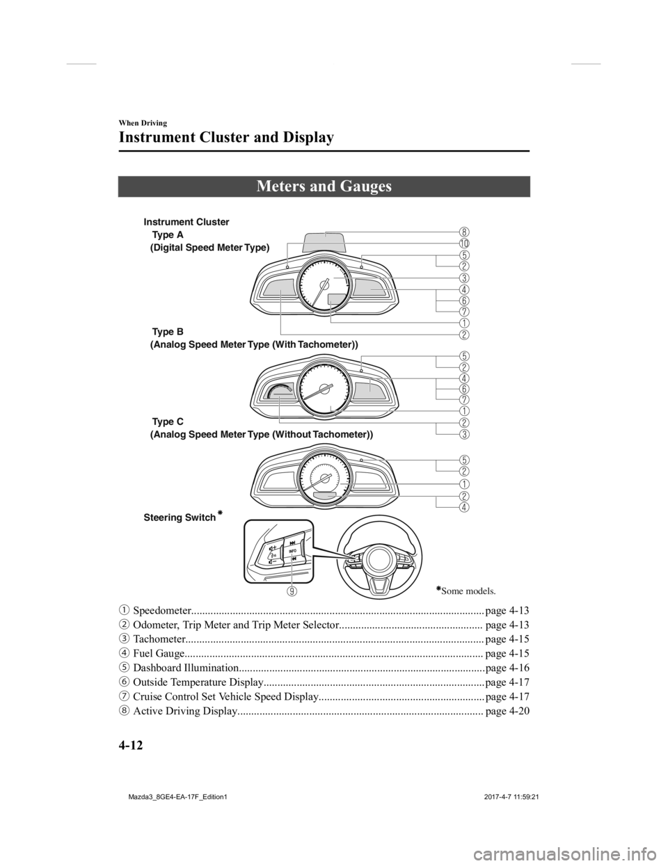 MAZDA MODEL 3 5-DOOR 2018  Owners Manual Meters and Gauges
 
Type A
Type B 
Type C 
Steering Switch  (Digital Speed Meter Type)
 (Analog Speed Meter Type (With Tachometer))
 (Analog Speed Meter Type (Without Tachometer))
Some models.
Instrum
